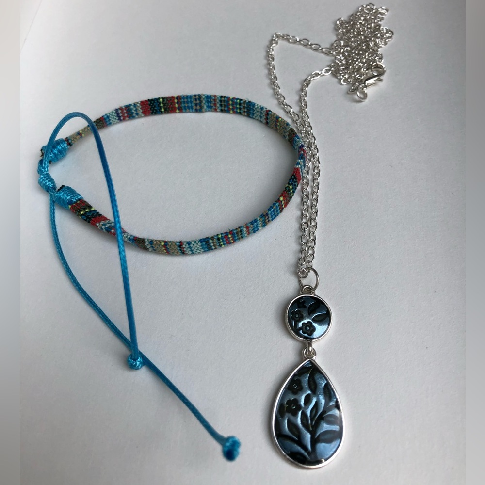Boho Denim Blue Floral Pendant Silver Necklace & Woven Corded Bracelet